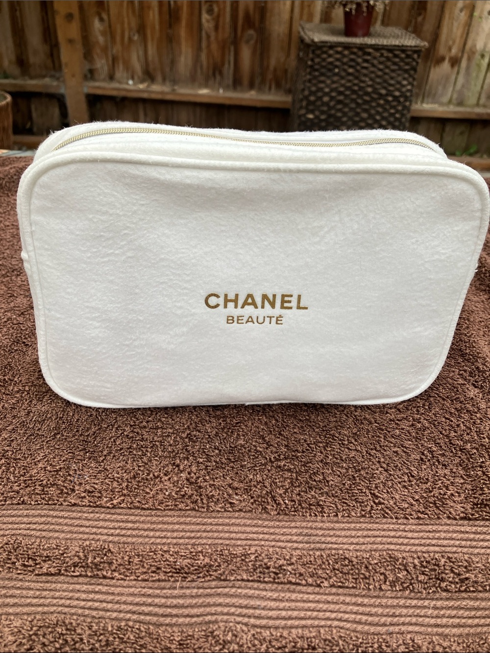 Chanel Beaute White Soft fuzzy cotton  makeup cosmetic pouch